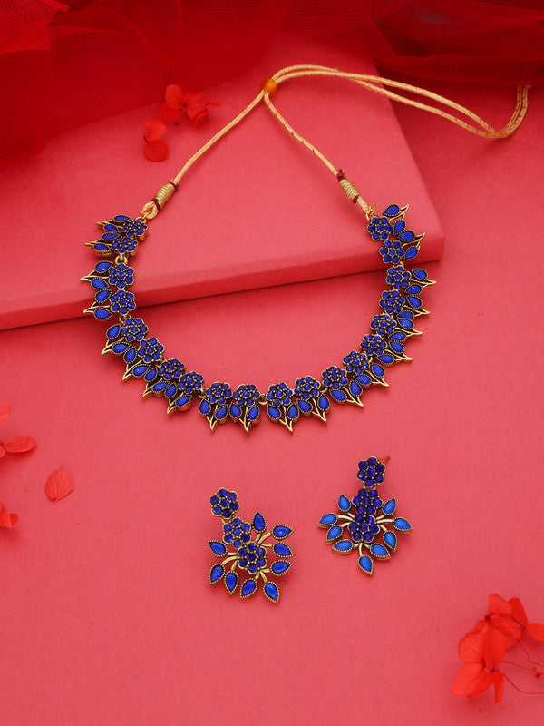 Tehzeeb Creations Blue Colour Gold Pleated Stone Studded Necklace With Earrings Tehzeeb Creations