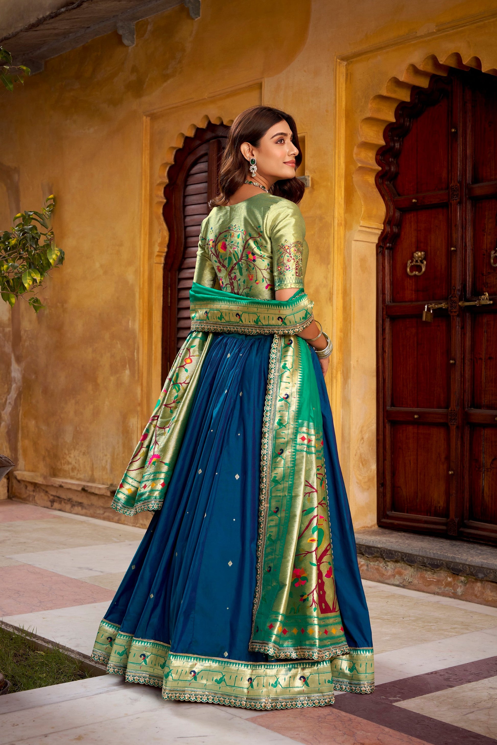 Lorenvalley Fashion Navy Blue Soft Silk Paithani Zari Weaving Work With Sequins and Thread Embroidery Scallop Lace Border Lehenga Choli with Dupatta