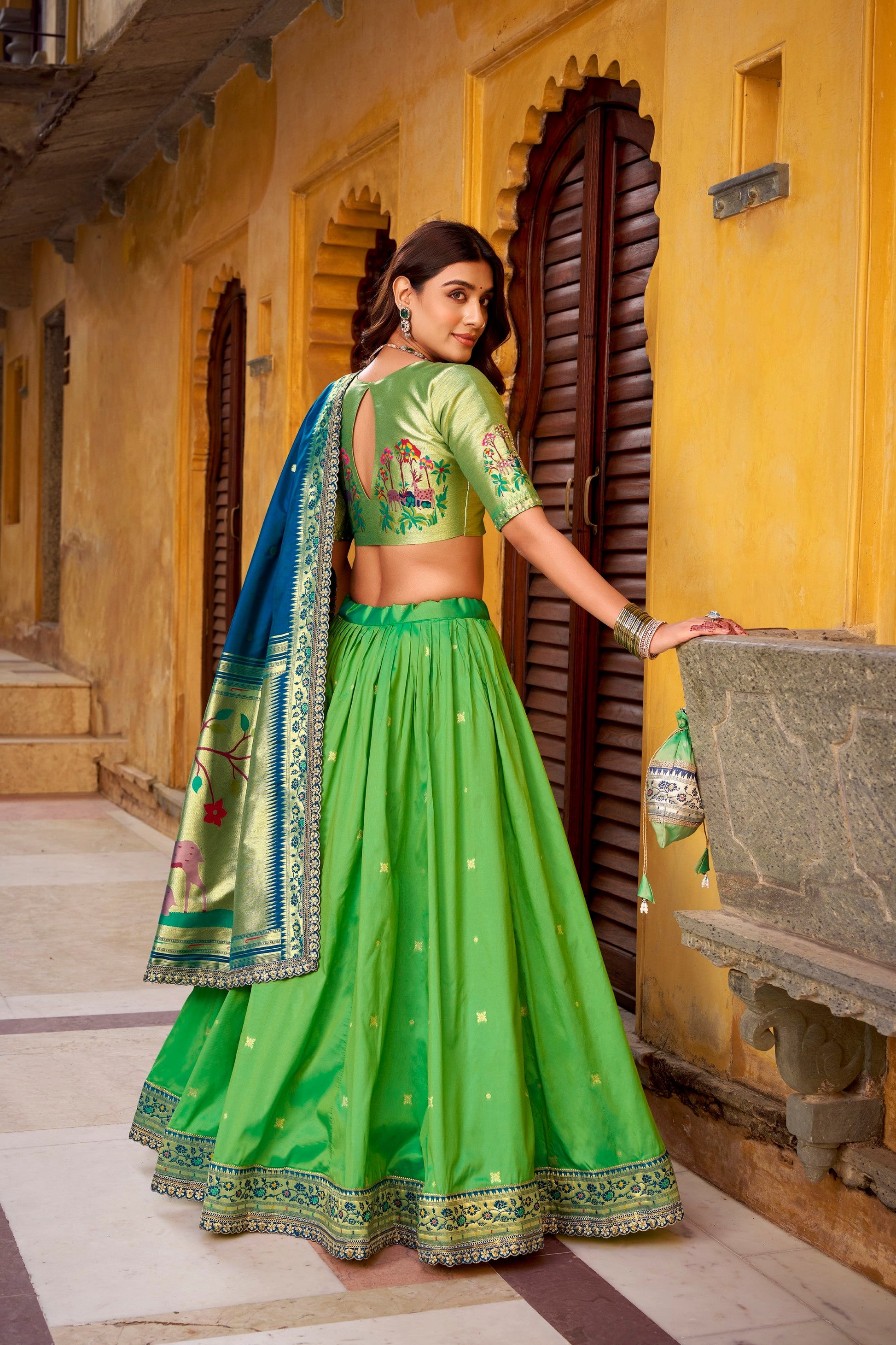 Lorenvalley Fashion Parrot Green Soft Silk Paithani Zari Weaving Work With Sequins and Thread Embroidery Scallop Lace Border Lehenga Choli with Dupatta