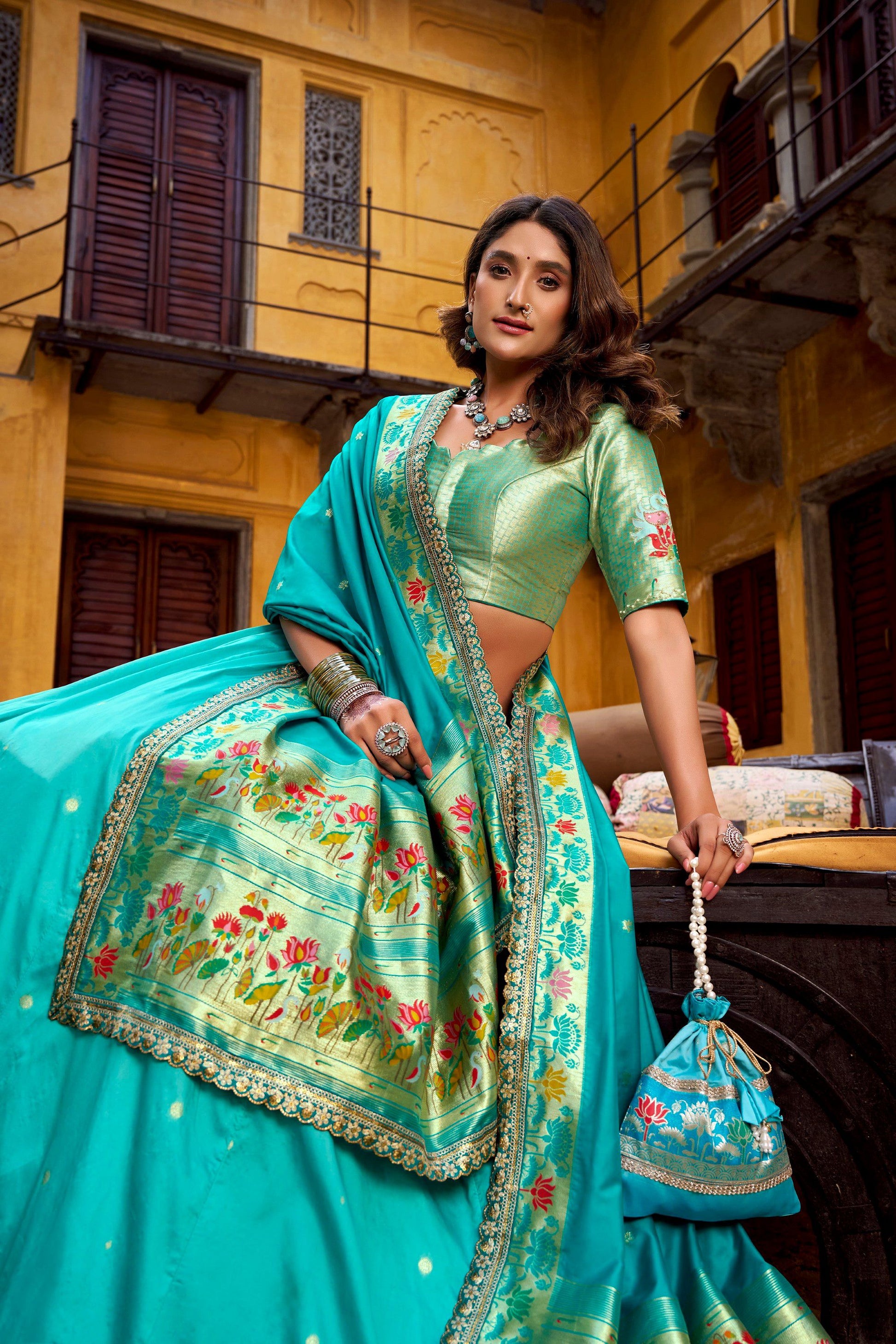 Lorenvalley Fashion Skyblue Soft Silk Paithani Zari Weaving Work With Sequins and Thread Embroidery Scallop Lace Border Lehenga Choli with Dupatta
