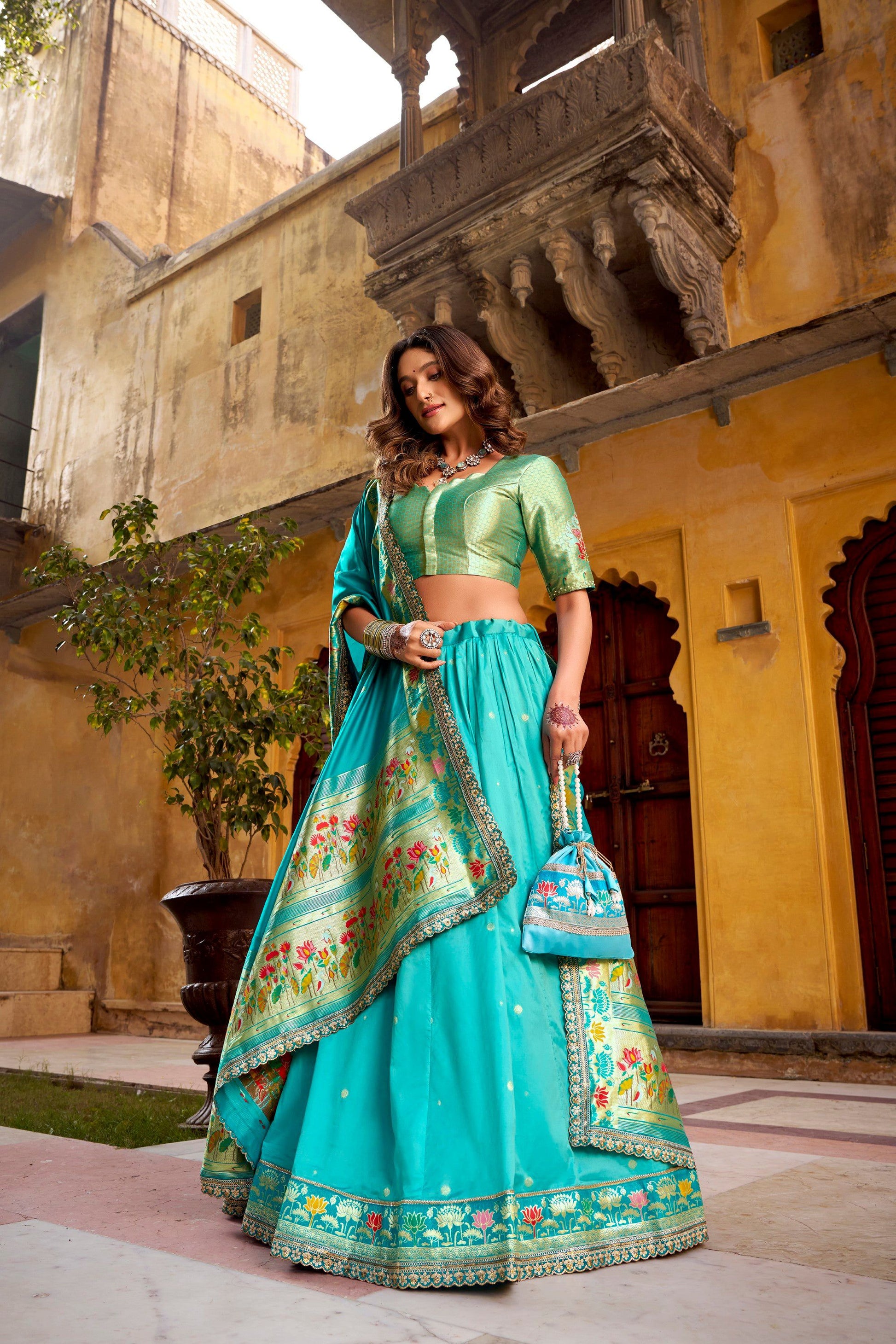 Lorenvalley Fashion Skyblue Soft Silk Paithani Zari Weaving Work With Sequins and Thread Embroidery Scallop Lace Border Lehenga Choli with Dupatta
