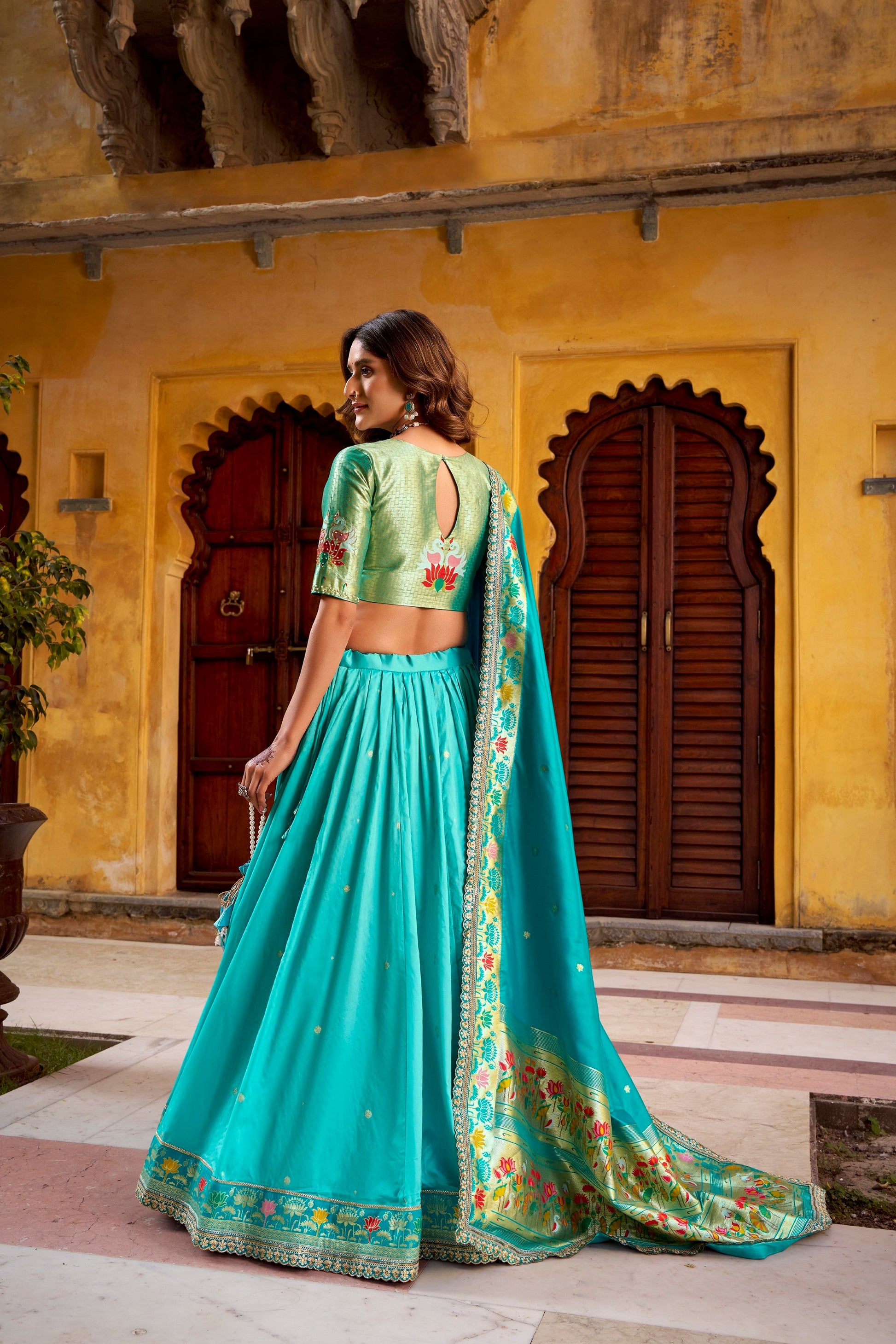 Lorenvalley Fashion Skyblue Soft Silk Paithani Zari Weaving Work With Sequins and Thread Embroidery Scallop Lace Border Lehenga Choli with Dupatta