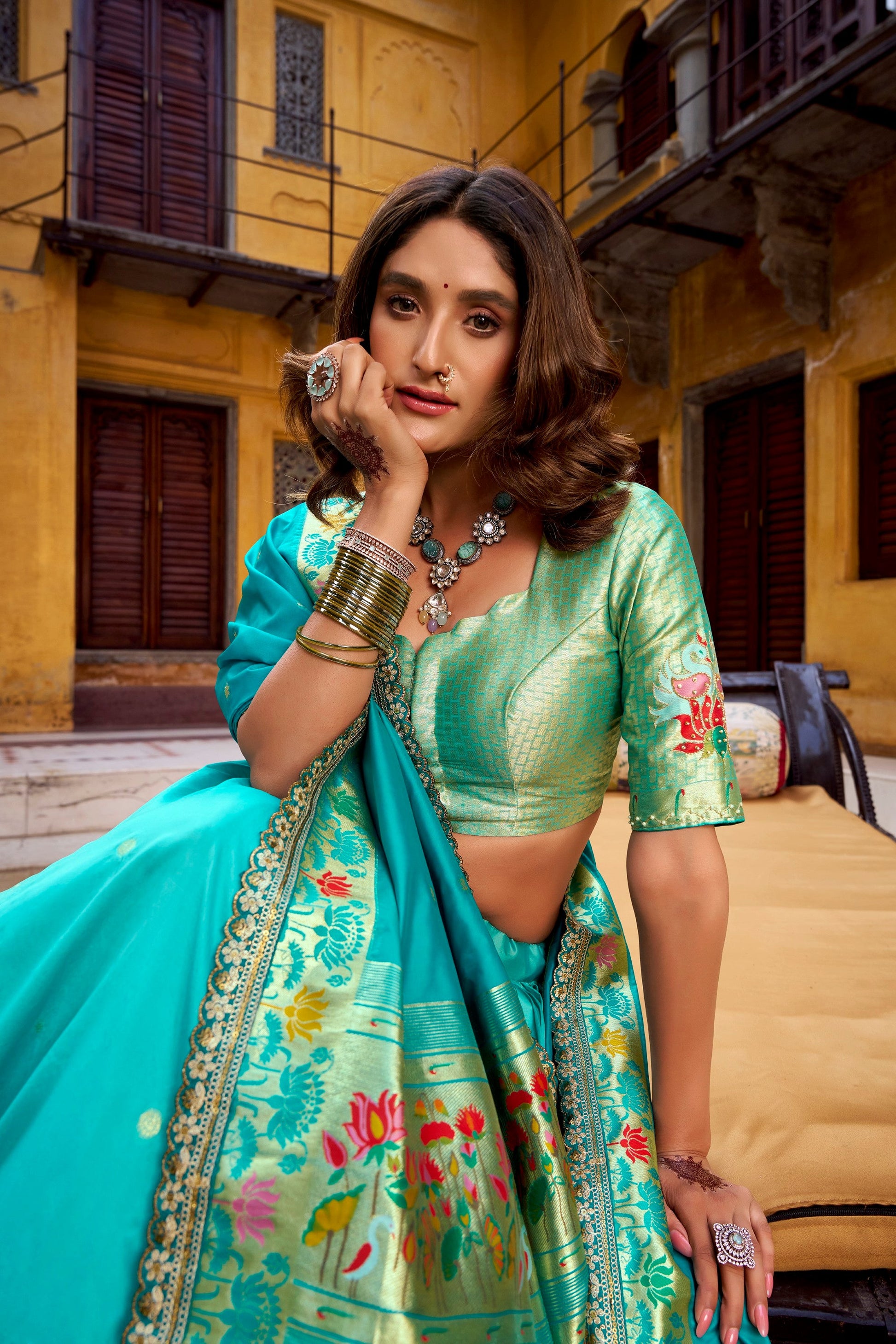 Lorenvalley Fashion Skyblue Soft Silk Paithani Zari Weaving Work With Sequins and Thread Embroidery Scallop Lace Border Lehenga Choli with Dupatta