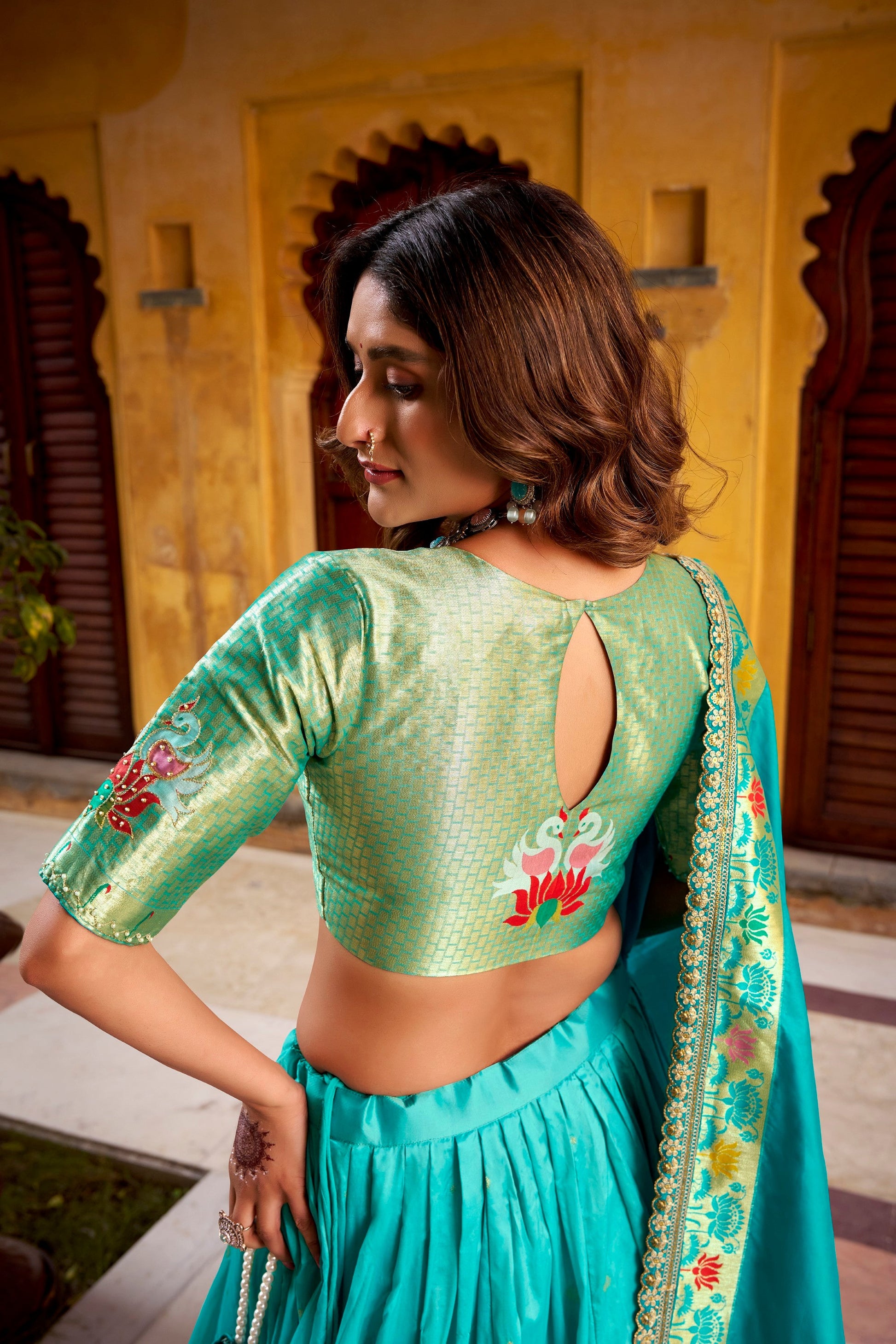 Lorenvalley Fashion Skyblue Soft Silk Paithani Zari Weaving Work With Sequins and Thread Embroidery Scallop Lace Border Lehenga Choli with Dupatta