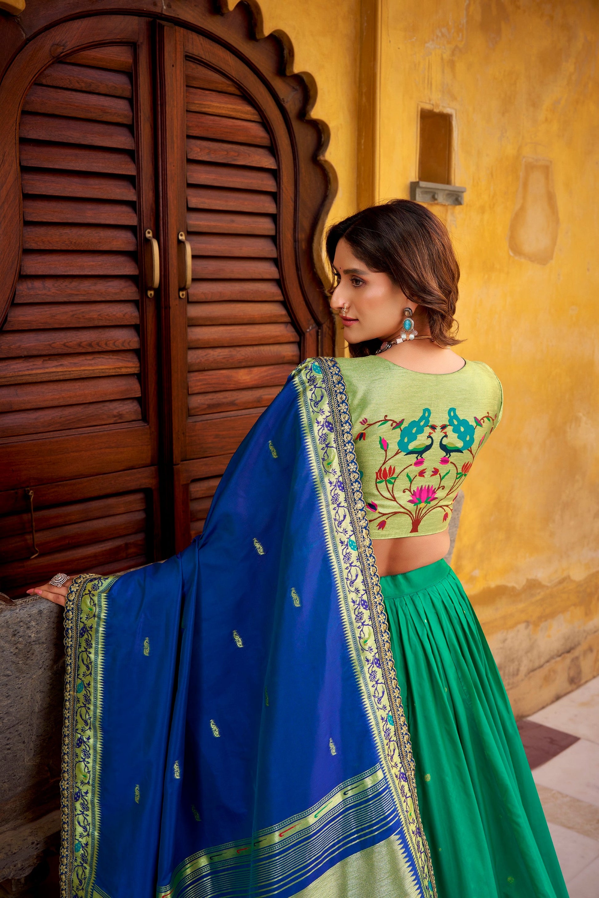 Lorenvalley Fashion Teal Soft Silk Paithani Zari Weaving Work With Sequins and Thread Embroidery Scallop Lace Border Lehenga Choli with Dupatta