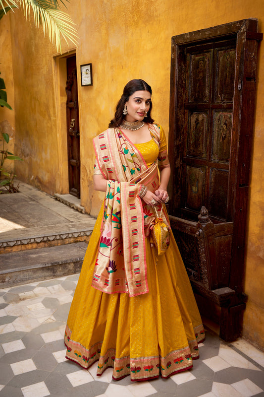 Lorenvalley Fashion Yellow Silk Paithani Zari Weaving Work With Lace Border Lehenga Choli with Dupatta
