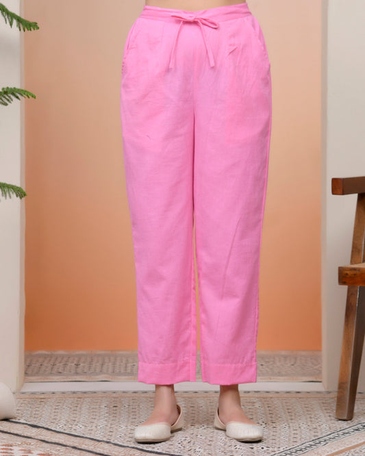 Vaasva Women Pink Cotton Flax Solid Straight Pants 