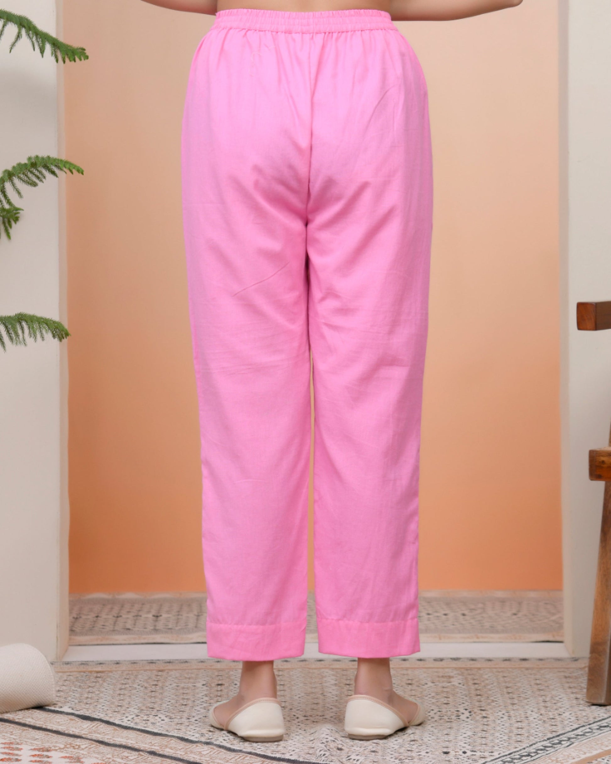 Vaasva Women Pink Cotton Flax Solid Straight Pants 