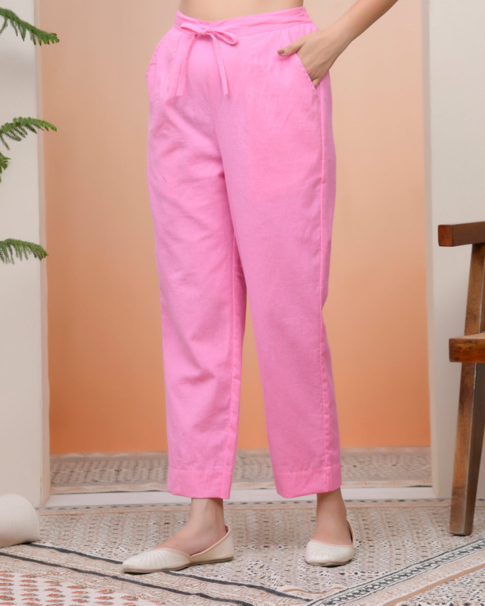 Vaasva Women Pink Cotton Flax Solid Straight Pants 