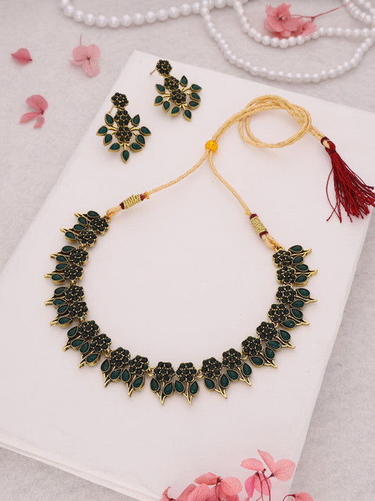 Tehzeeb Creations Green Colour Gold Pleated Stone Studded Necklace With Earrings Tehzeeb Creations