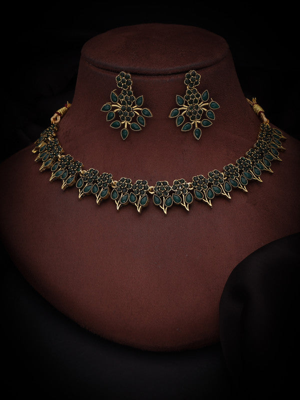 Tehzeeb Creations Green Colour Gold Pleated Stone Studded Necklace With Earrings Tehzeeb Creations