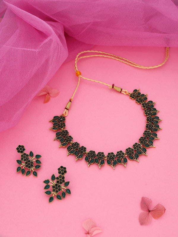 Tehzeeb Creations Green Colour Gold Pleated Stone Studded Necklace With Earrings Tehzeeb Creations