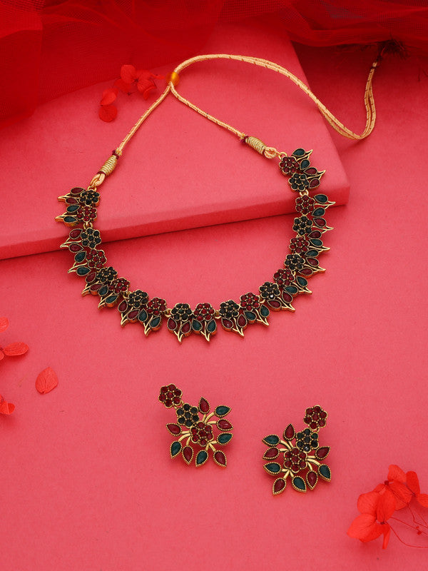 Tehzeeb Creations Green & Maroon Colour Gold Pleated Stone Studded Necklace With Earrings Tehzeeb Creations