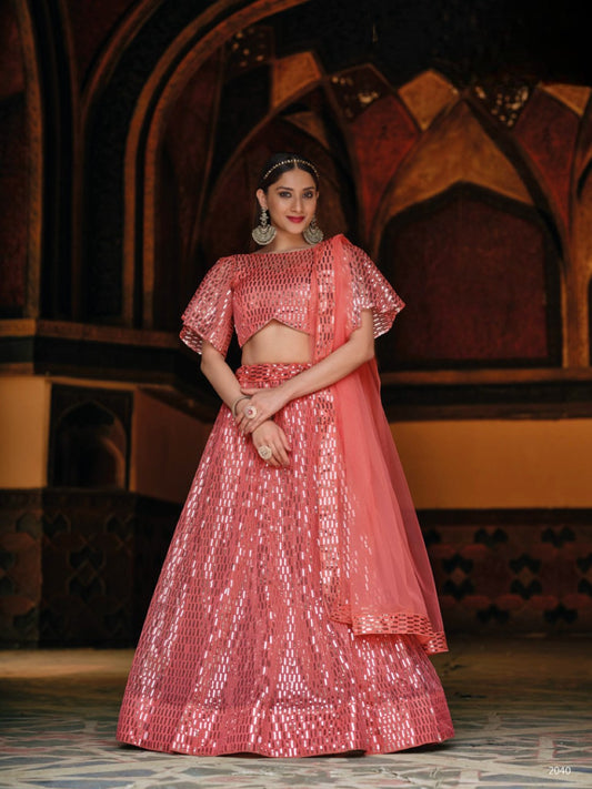 Anaita Peach Net Lehenga Choli With Embroidery & Sequence Work