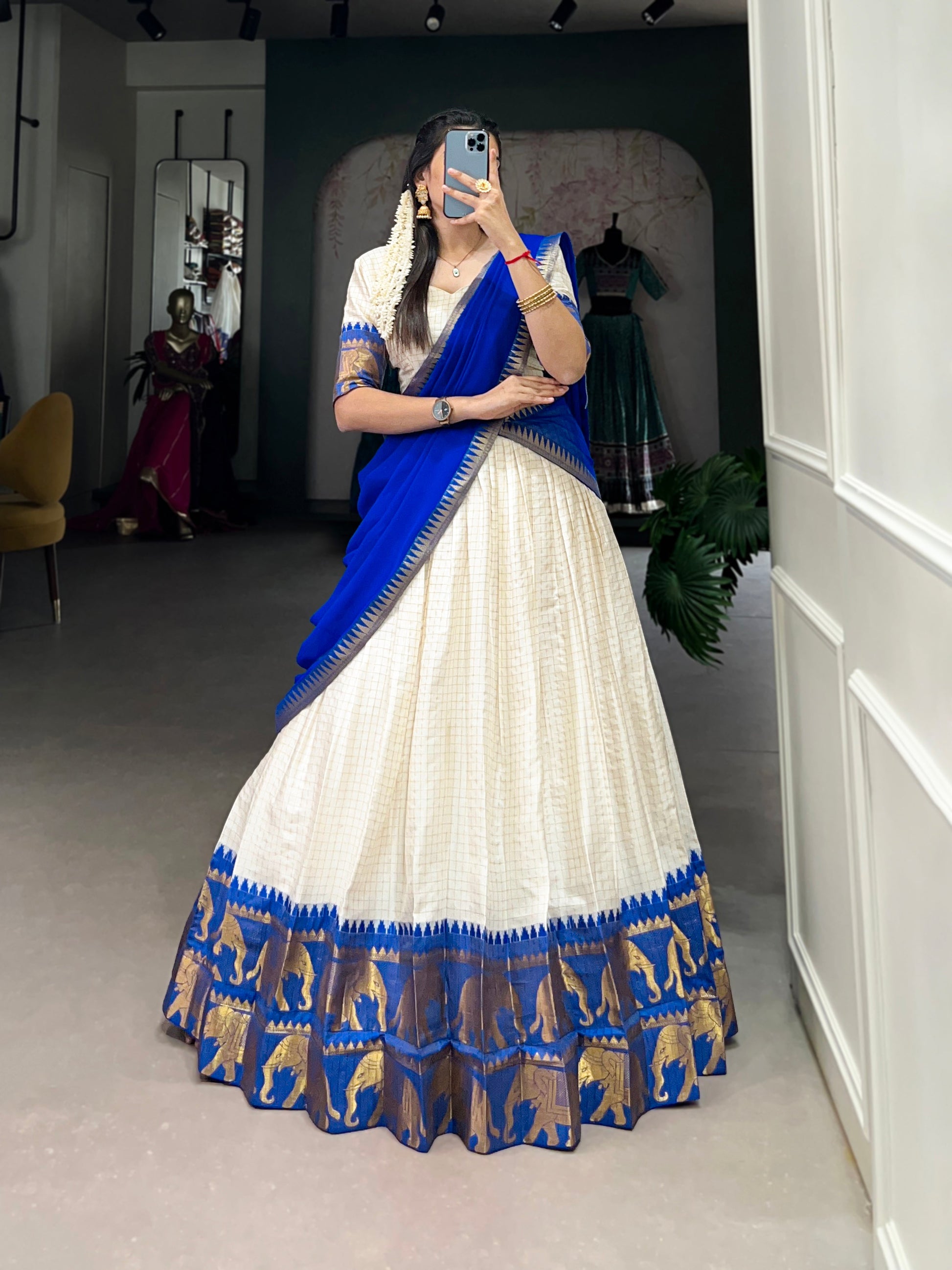 Lorenvalley White Poly Cotton Chex With Zari Weaving Work Lehenga Choli with Dupatta