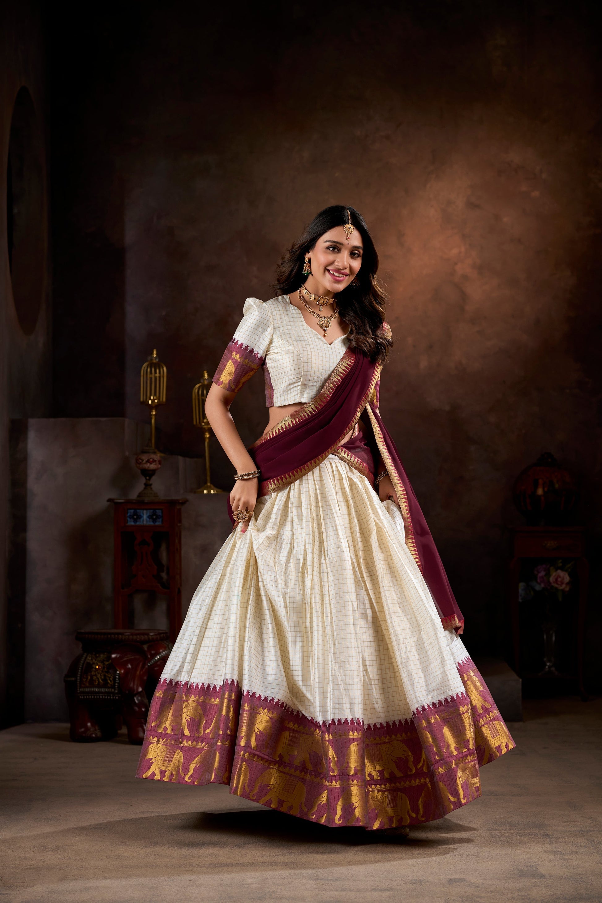 Lorenvalley White Poly Cotton Chex With Zari Weaving Work Lehenga Choli with Dupatta 