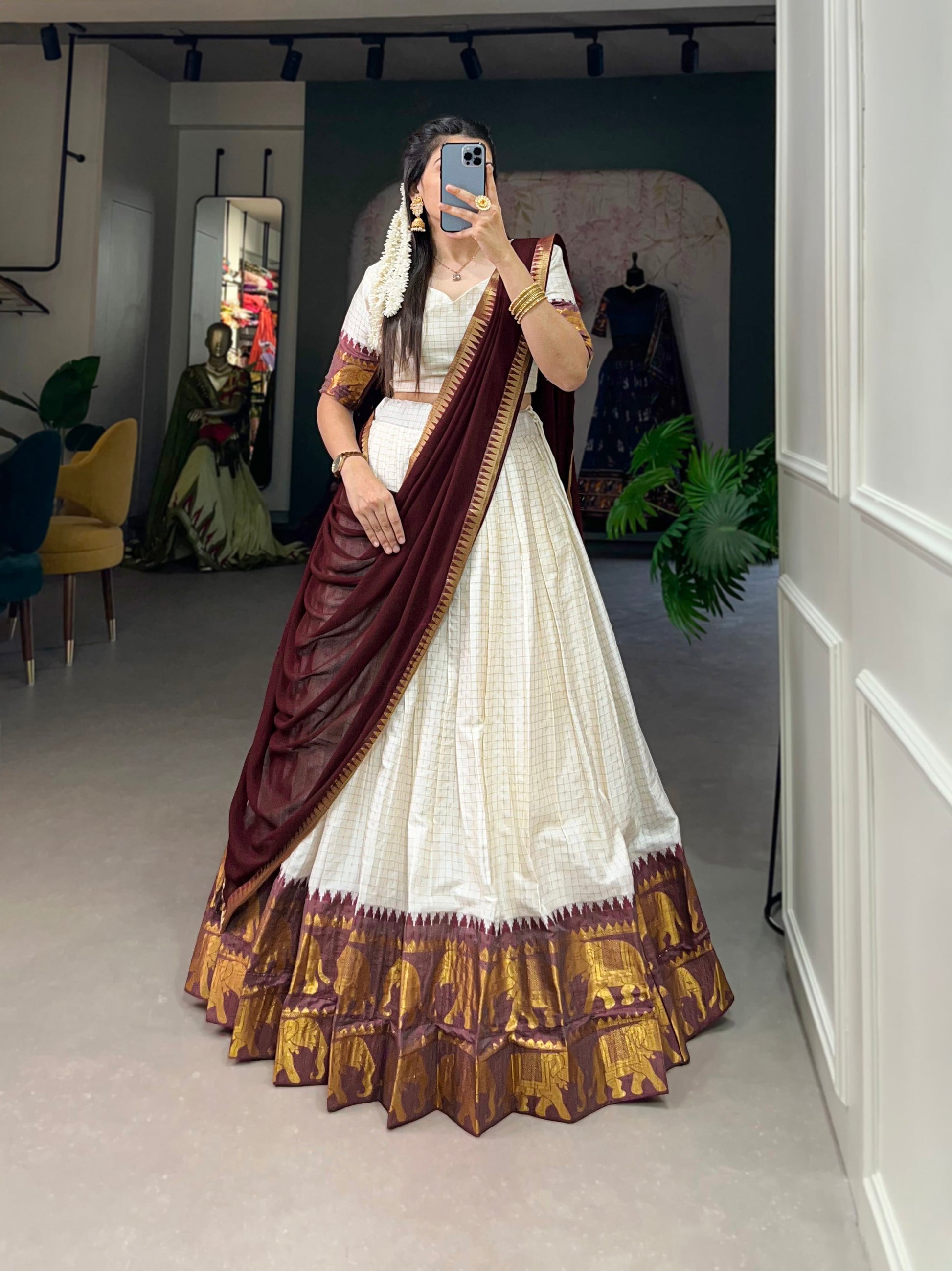 Lorenvalley White Poly Cotton Chex With Zari Weaving Work Lehenga Choli with Dupatta 