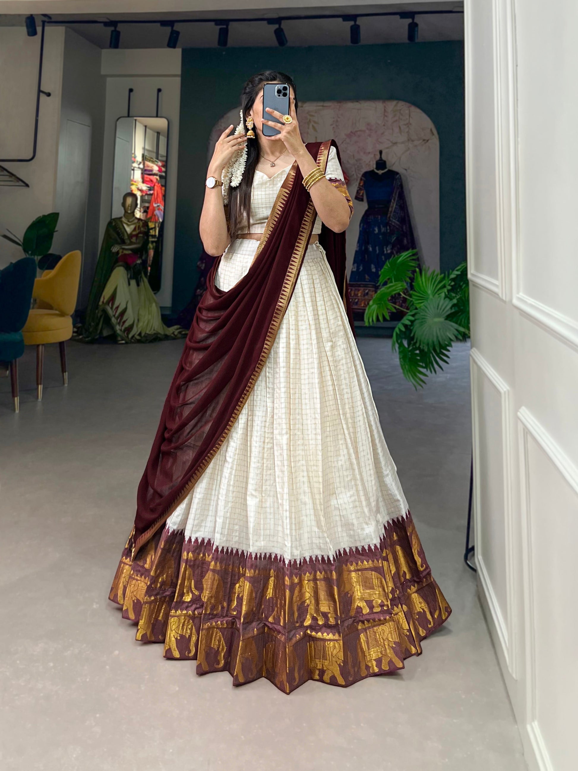 Lorenvalley White Poly Cotton Chex With Zari Weaving Work Lehenga Choli with Dupatta 