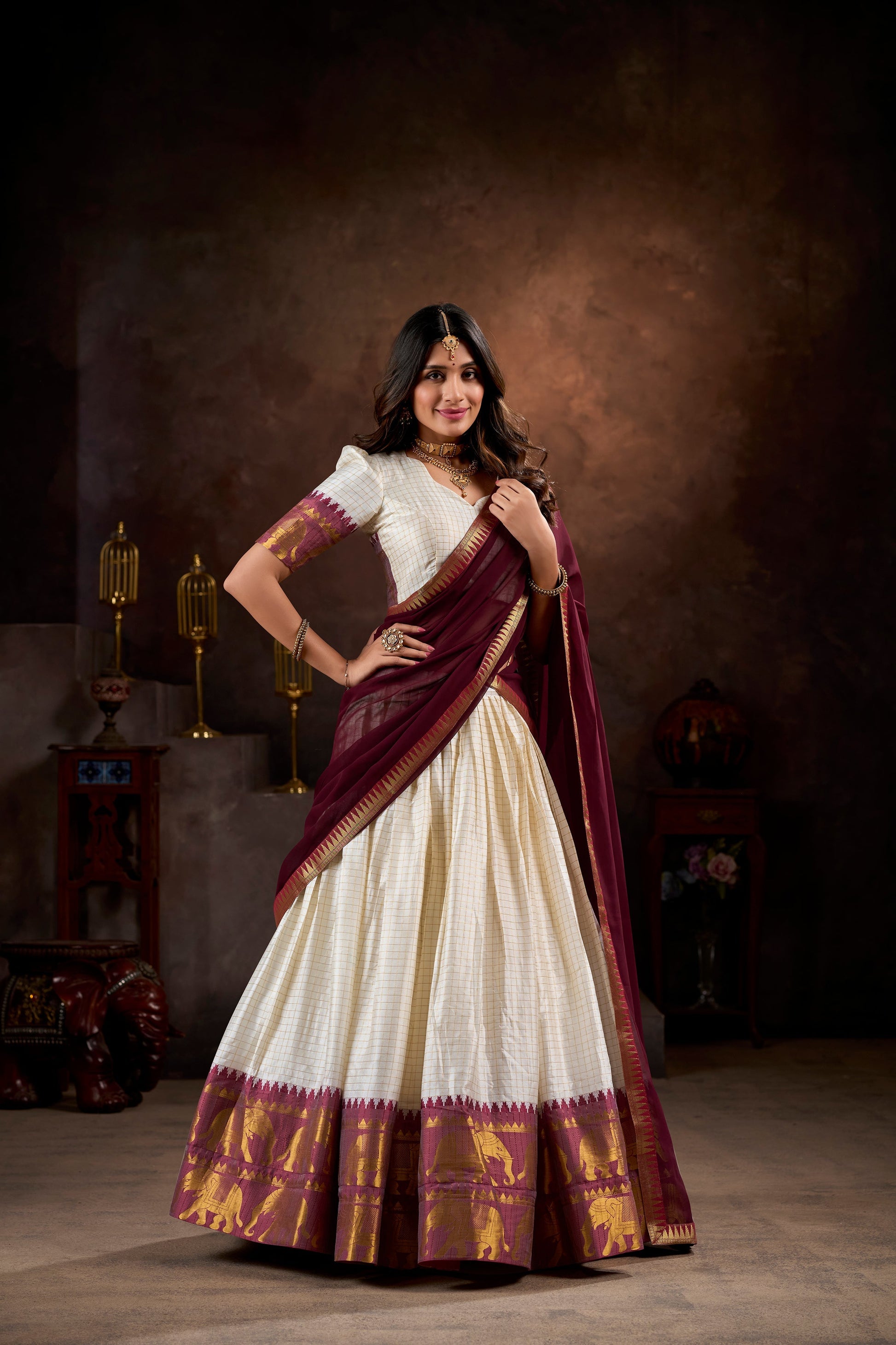 Lorenvalley White Poly Cotton Chex With Zari Weaving Work Lehenga Choli with Dupatta 