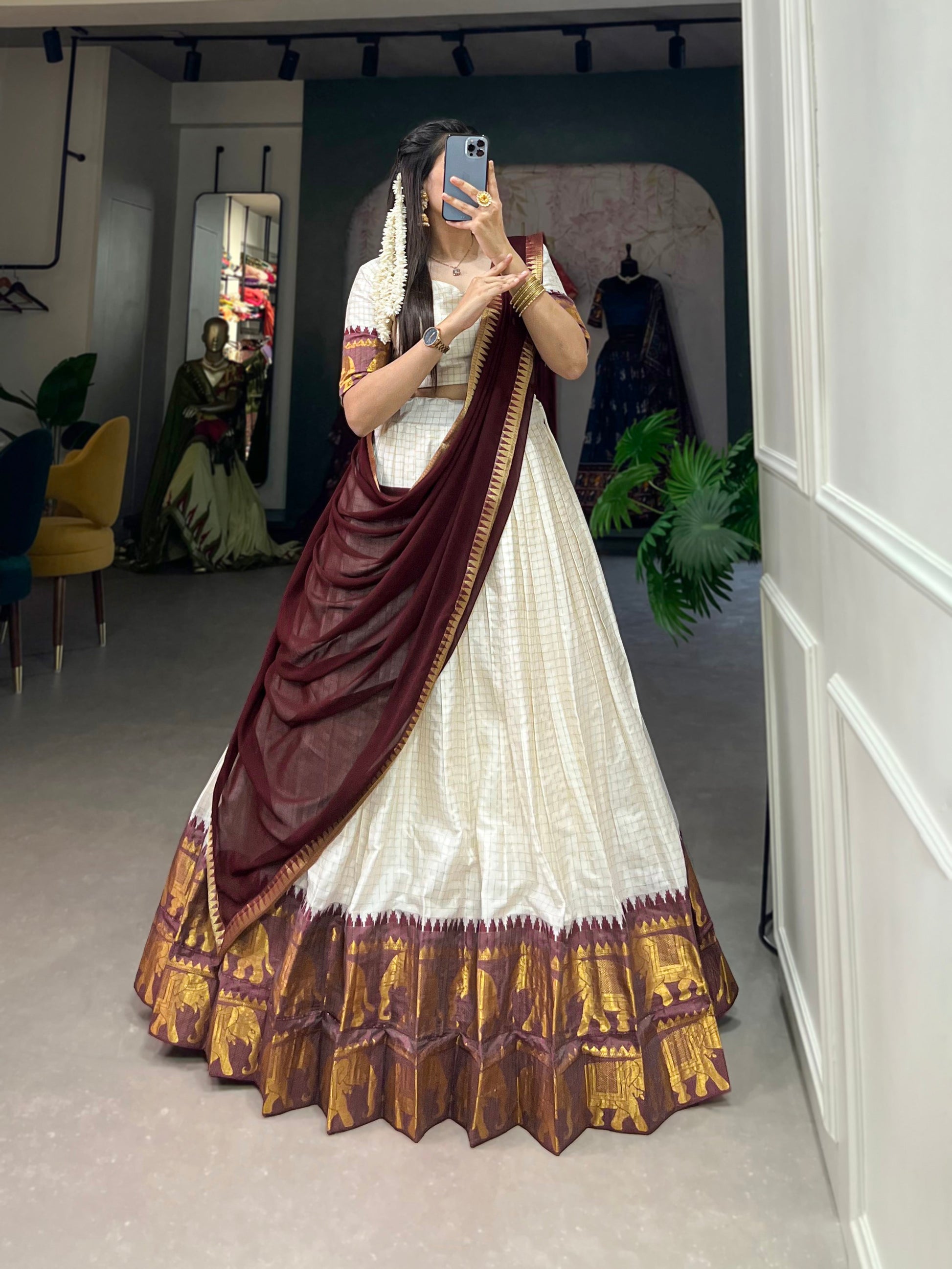 Lorenvalley White Poly Cotton Chex With Zari Weaving Work Lehenga Choli with Dupatta 