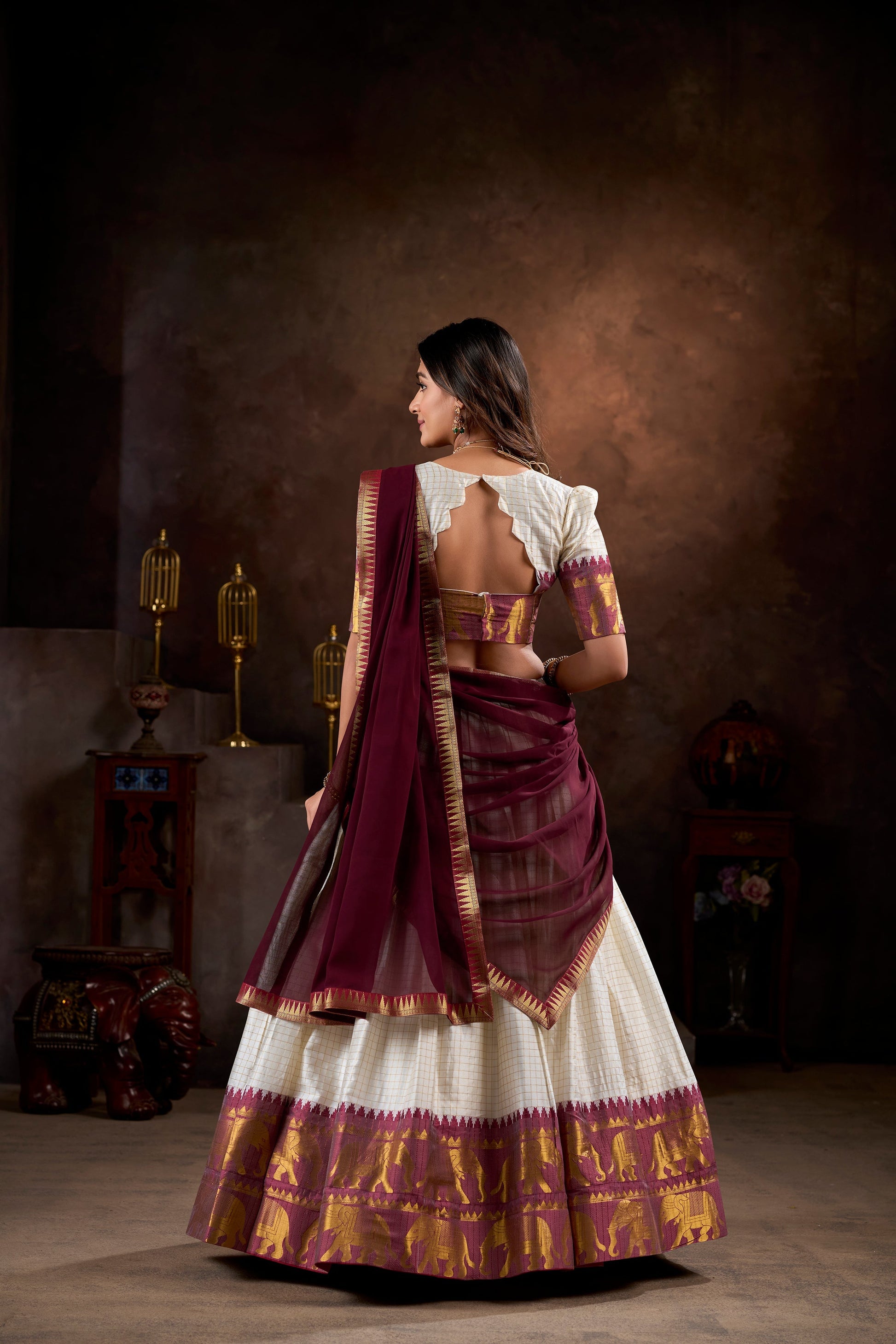 Lorenvalley White Poly Cotton Chex With Zari Weaving Work Lehenga Choli with Dupatta 
