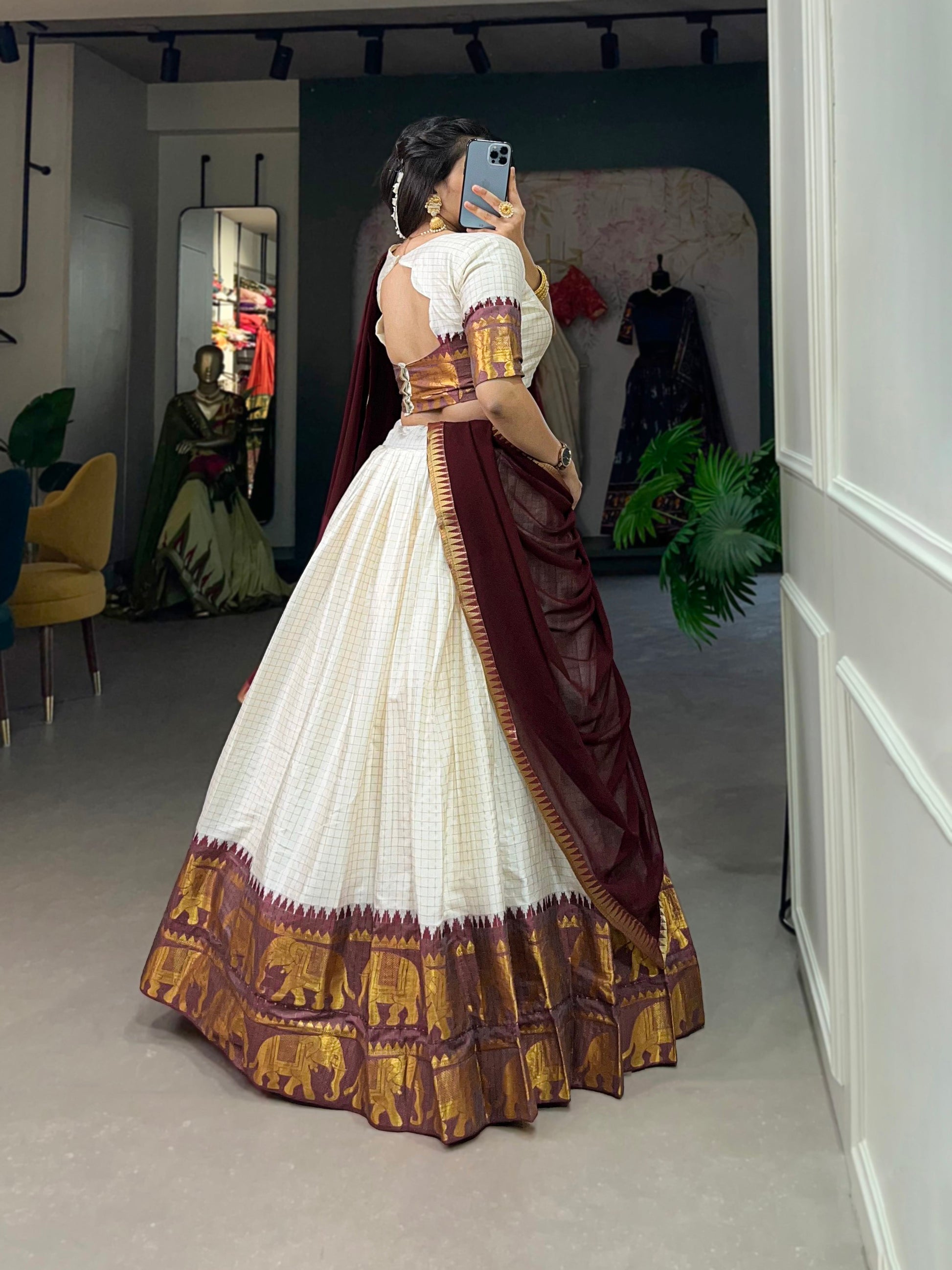 Lorenvalley White Poly Cotton Chex With Zari Weaving Work Lehenga Choli with Dupatta 