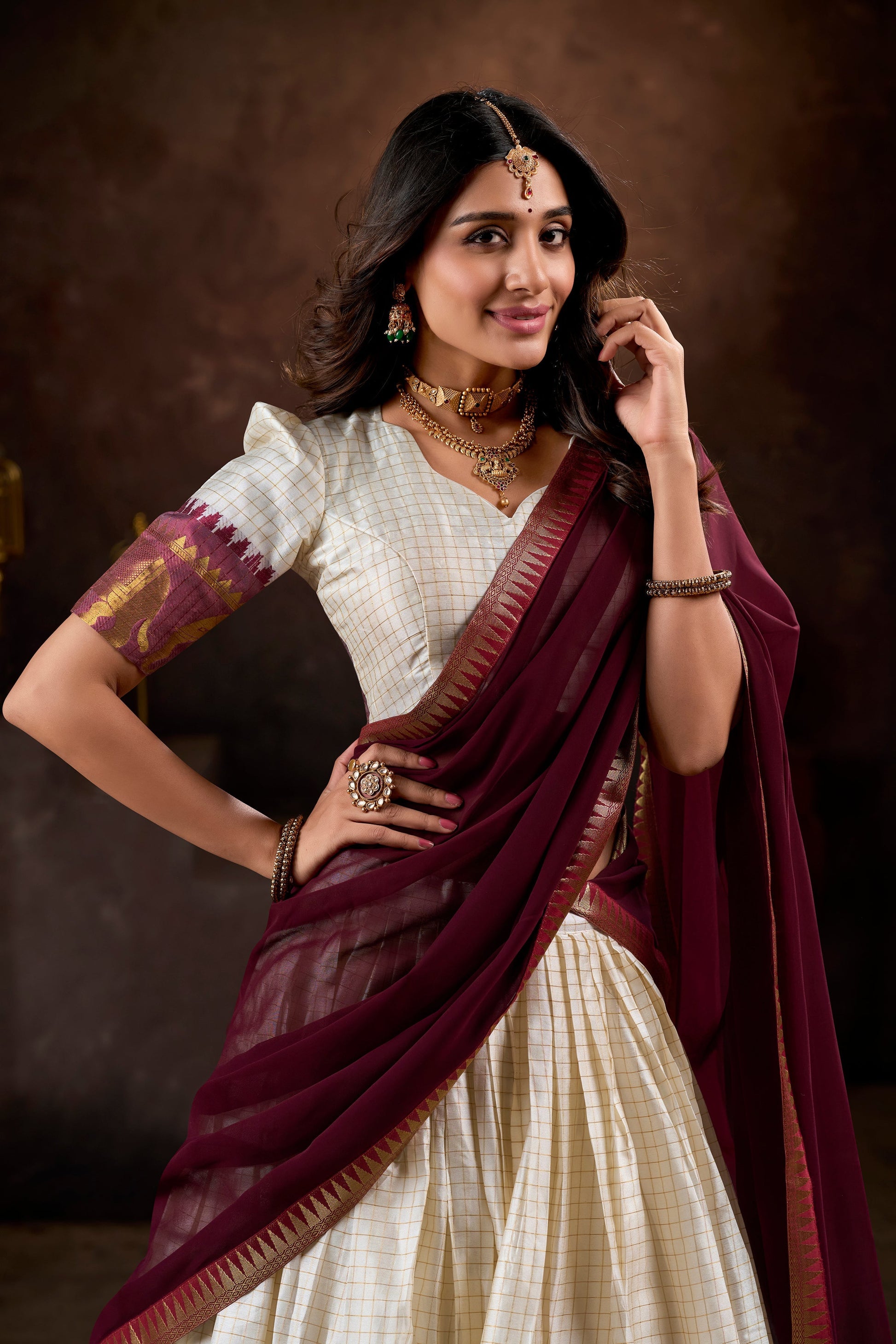 Lorenvalley White Poly Cotton Chex With Zari Weaving Work Lehenga Choli with Dupatta 