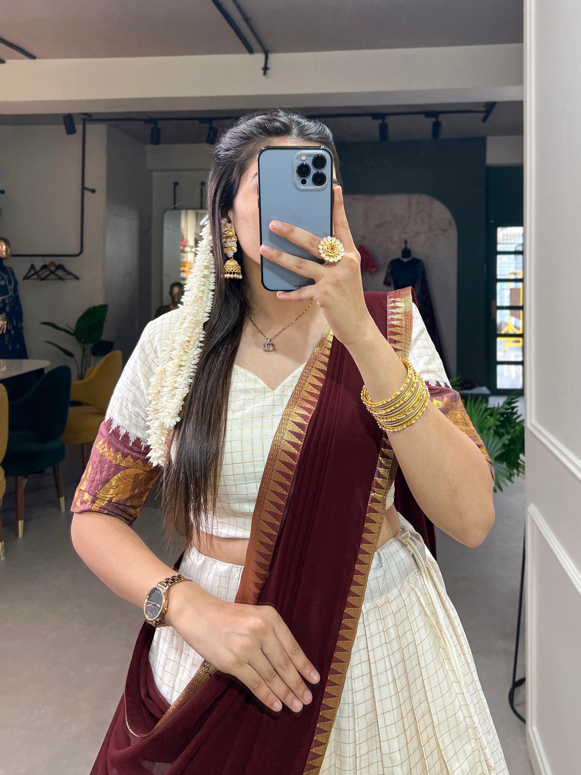 Lorenvalley White Poly Cotton Chex With Zari Weaving Work Lehenga Choli with Dupatta 