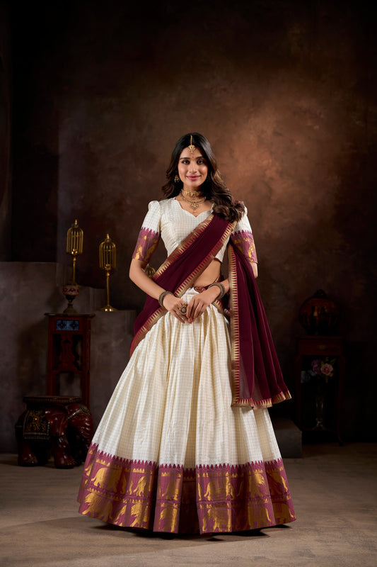 Lorenvalley White Poly Cotton Chex With Zari Weaving Work Lehenga Choli with Dupatta 