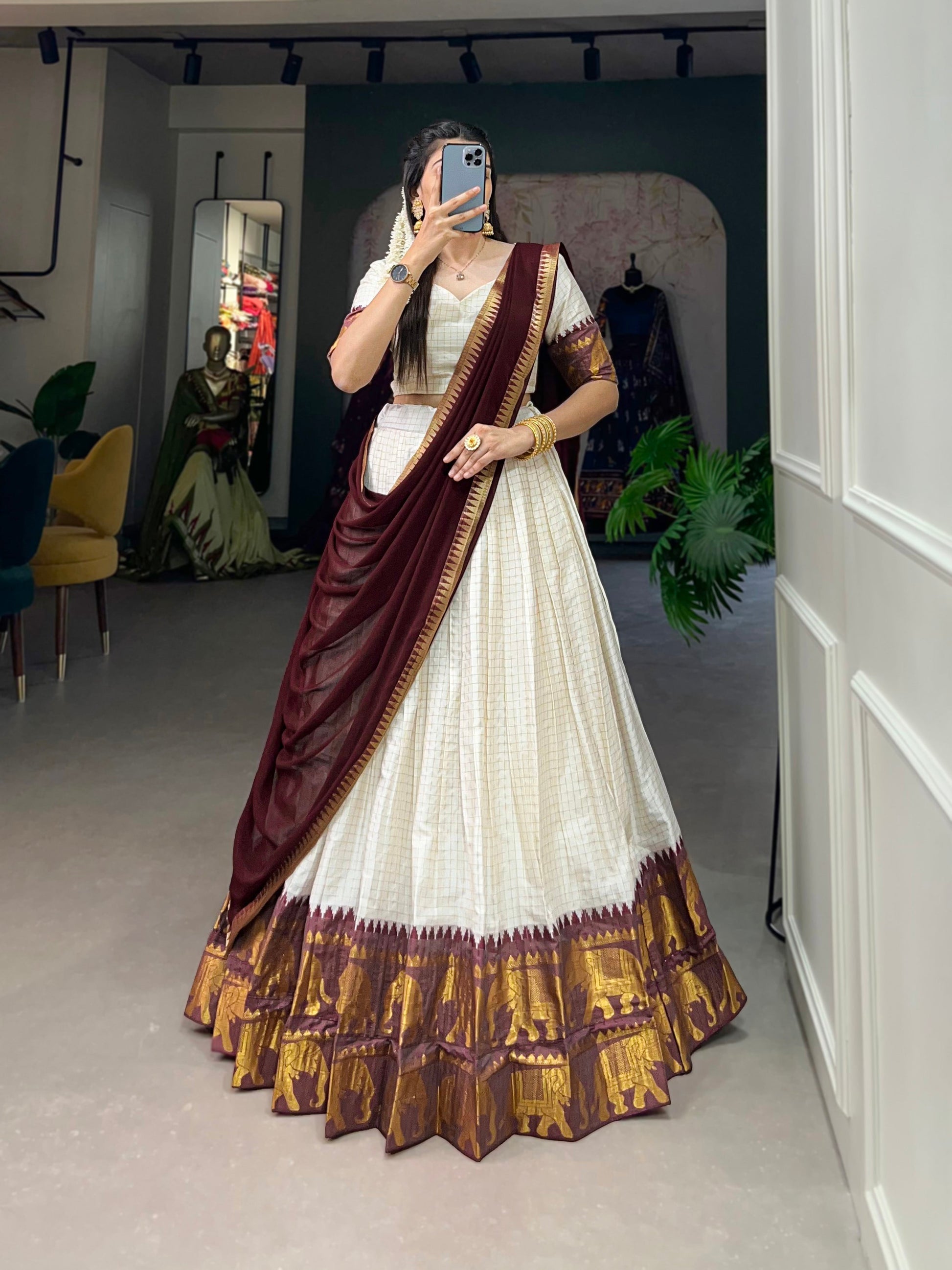 Lorenvalley White Poly Cotton Chex With Zari Weaving Work Lehenga Choli with Dupatta 