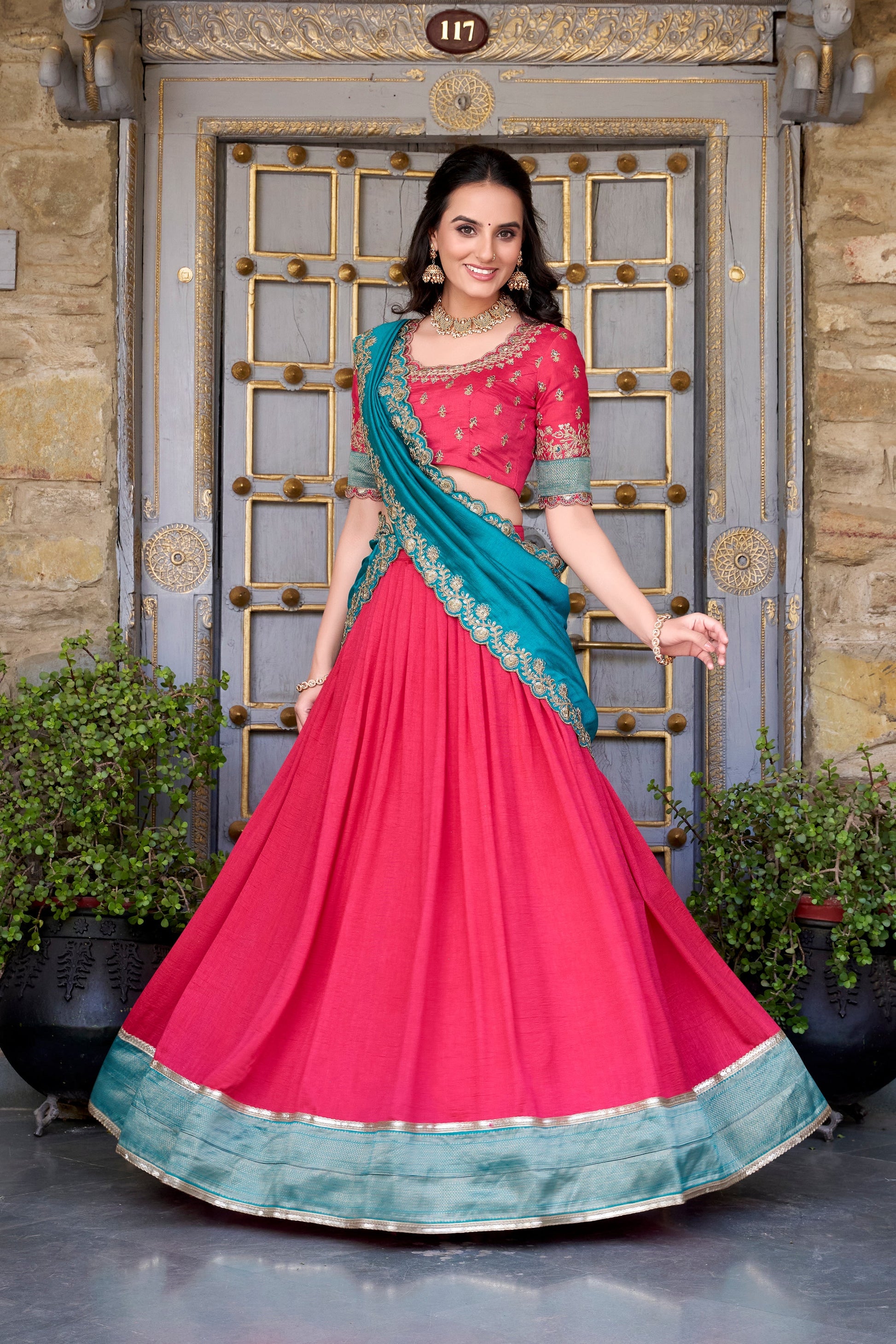 Lorenvalley Pink Vichitra Silk Zari Weaving Work Lace Border Belt with Sequins Lace Touch Up Lehenga Choli with Dupatta 