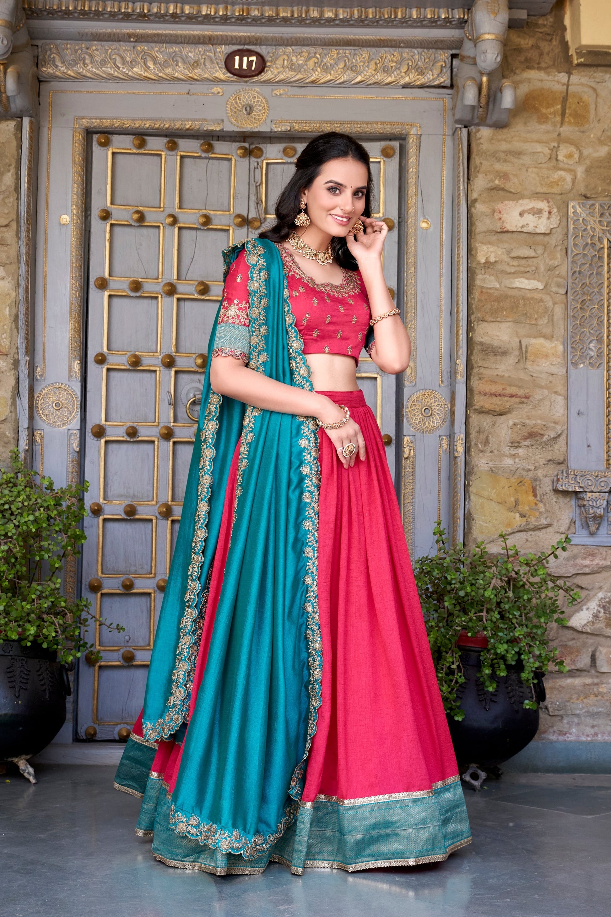 Lorenvalley Pink Vichitra Silk Zari Weaving Work Lace Border Belt with Sequins Lace Touch Up Lehenga Choli with Dupatta 
