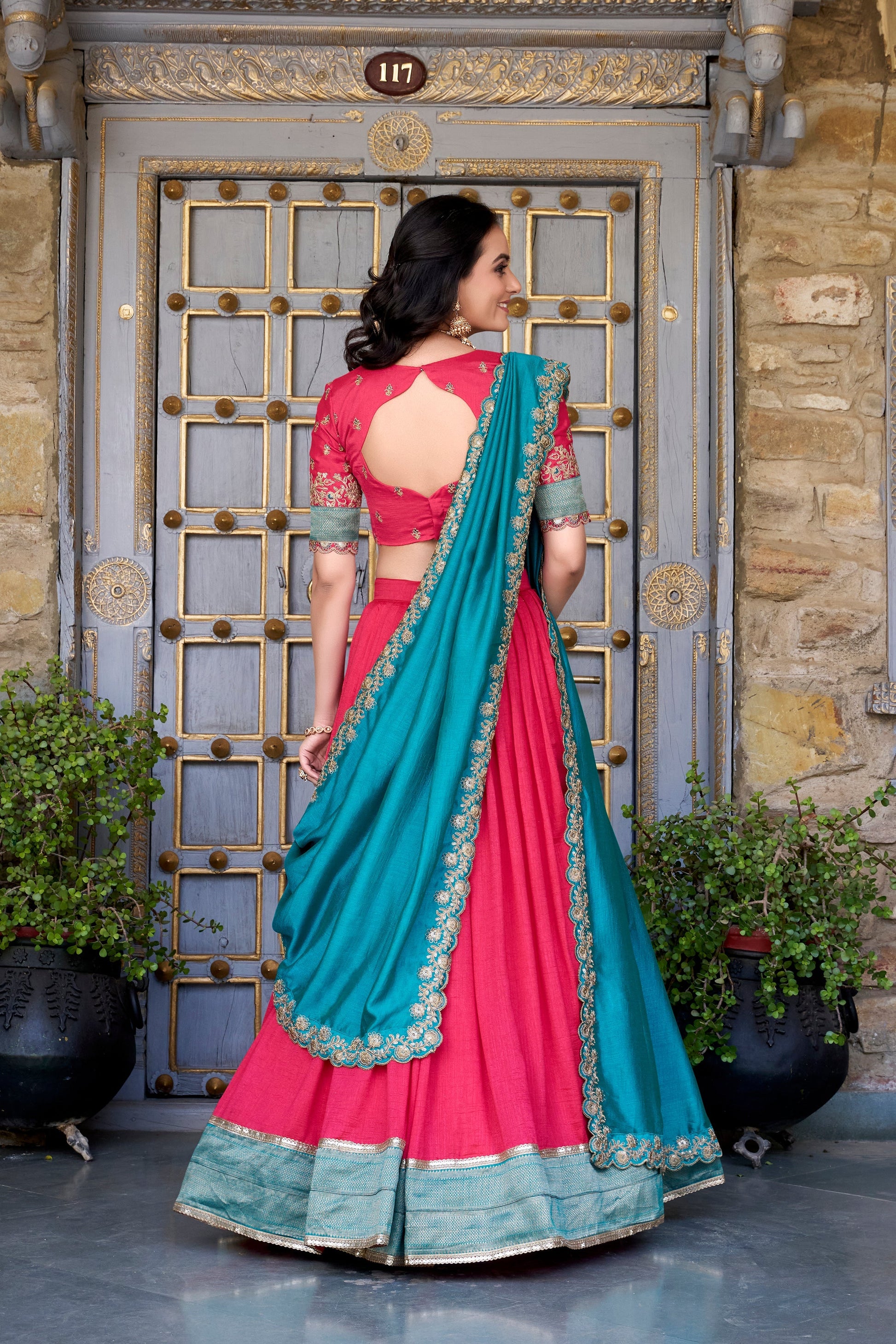 Lorenvalley Pink Vichitra Silk Zari Weaving Work Lace Border Belt with Sequins Lace Touch Up Lehenga Choli with Dupatta 