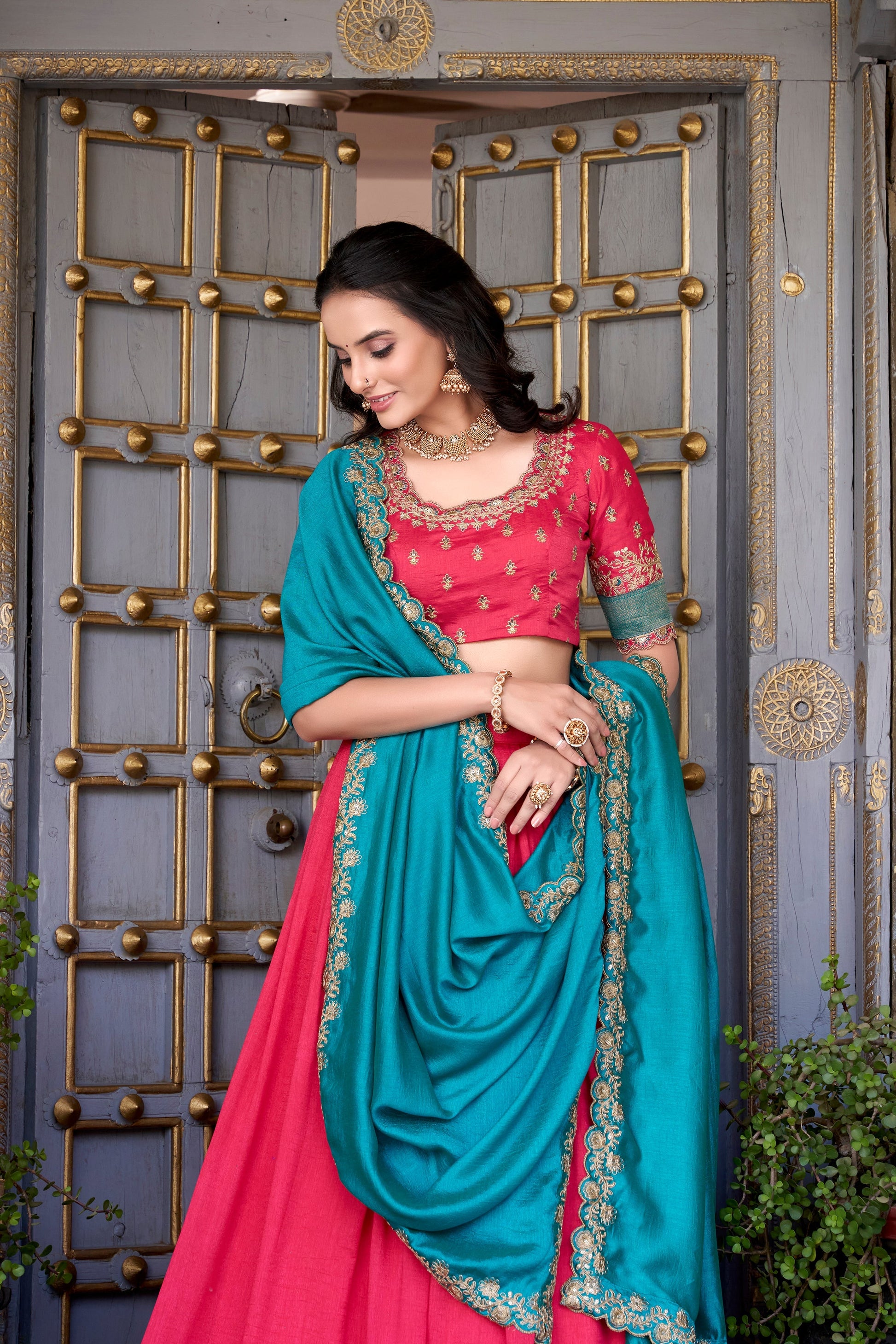 Lorenvalley Pink Vichitra Silk Zari Weaving Work Lace Border Belt with Sequins Lace Touch Up Lehenga Choli with Dupatta 