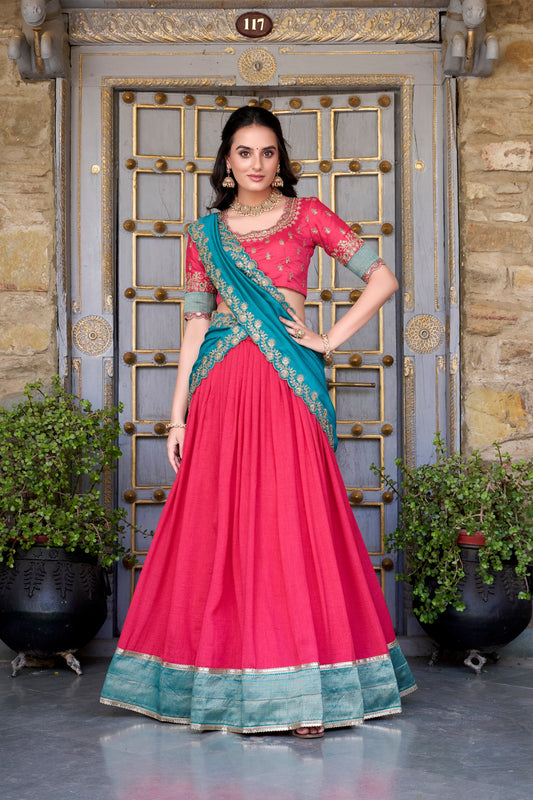 Lorenvalley Pink Vichitra Silk Zari Weaving Work Lace Border Belt with Sequins Lace Touch Up Lehenga Choli with Dupatta 