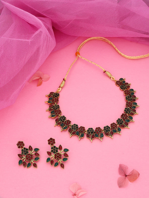 Tehzeeb Creations Green & Maroon Colour Gold Pleated Stone Studded Necklace With Earrings Tehzeeb Creations