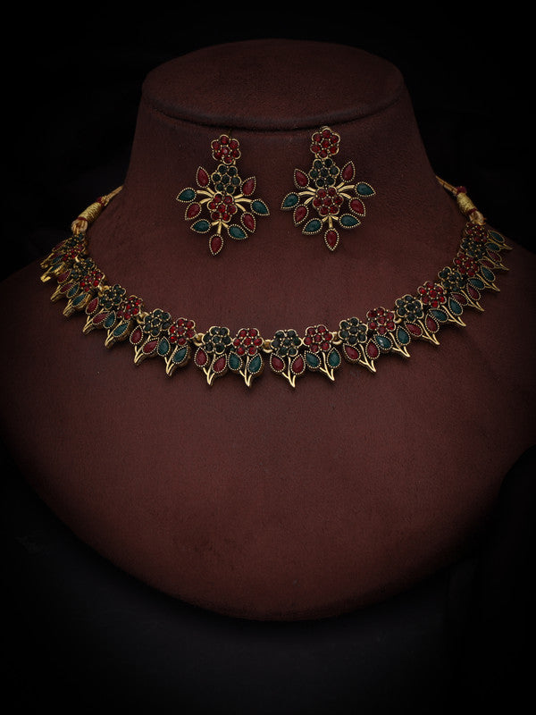 Tehzeeb Creations Green & Maroon Colour Gold Pleated Stone Studded Necklace With Earrings Tehzeeb Creations