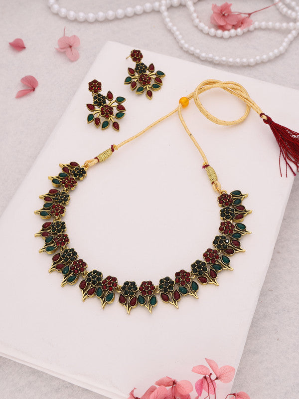 Tehzeeb Creations Green & Maroon Colour Gold Pleated Stone Studded Necklace With Earrings Tehzeeb Creations