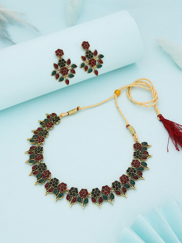Tehzeeb Creations Green & Maroon Colour Gold Pleated Stone Studded Necklace With Earrings Tehzeeb Creations