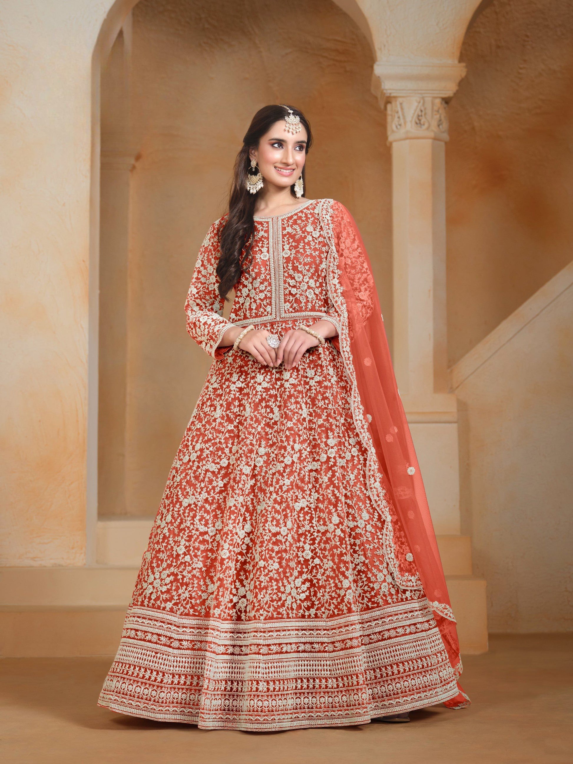 Anaita Orange Embroidered Net Anarkali Suit