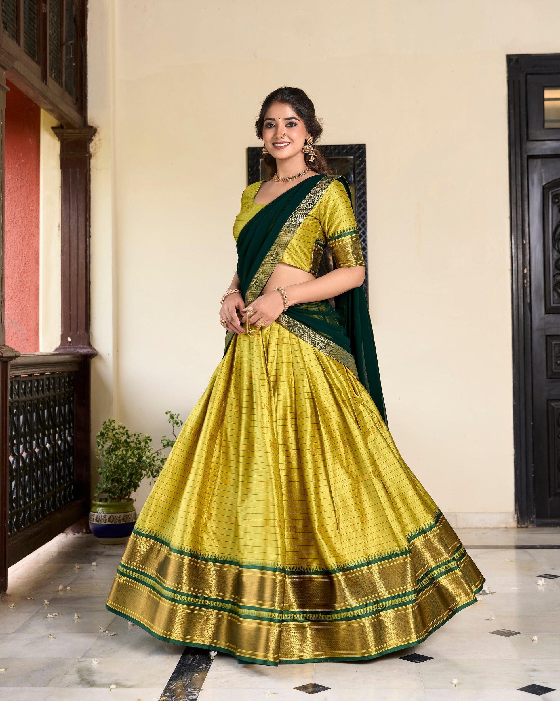 Lorenvalley Green Cotton Silk Weaving Work With Paithani Concept Lehenga Choli 