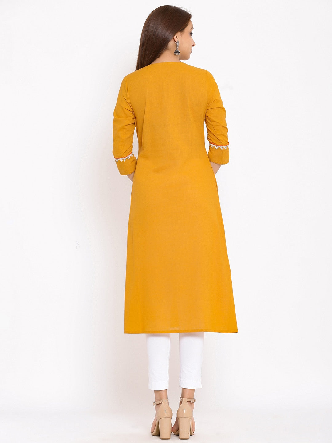 HERE&NOW Mustard Yellow & White Ethnic Motifs Embroidered Straight Kurta