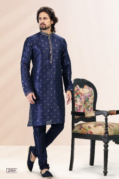 Raivat Ethnic Jacquard Banarasi Silk Pintux Work Kurta Pajama In Blue Colour