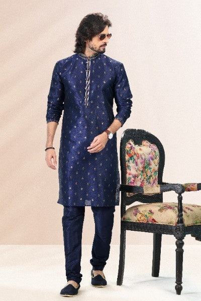 Raivat Ethnic Jacquard Banarasi Silk Pintux Work Kurta Pajama In Blue Colour