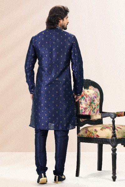 Raivat Ethnic Jacquard Banarasi Silk Pintux Work Kurta Pajama In Blue Colour
