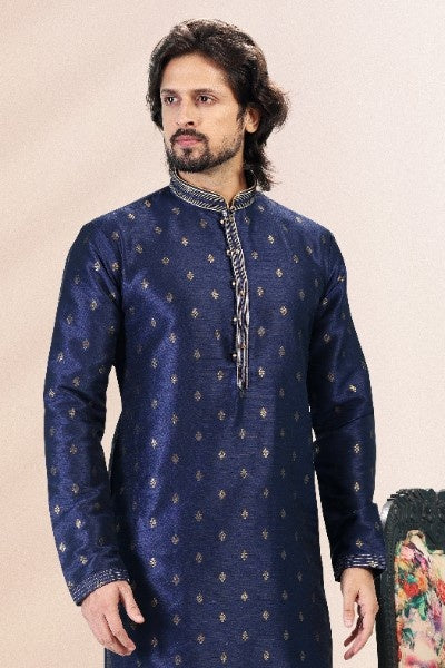 Raivat Ethnic Jacquard Banarasi Silk Pintux Work Kurta Pajama In Blue Colour