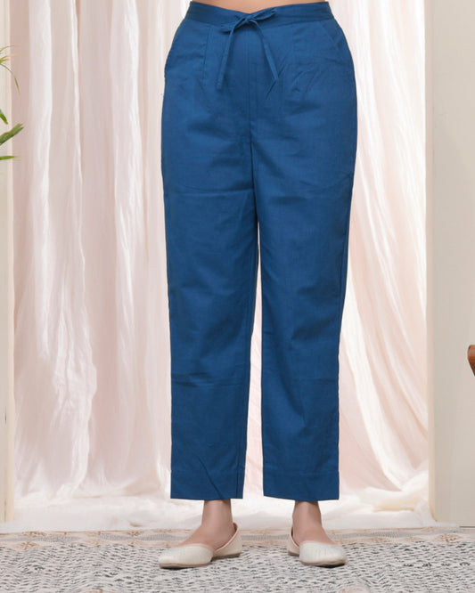Vaasva Women Cobalt Blue Cotton Flax Solid Straight Pants 