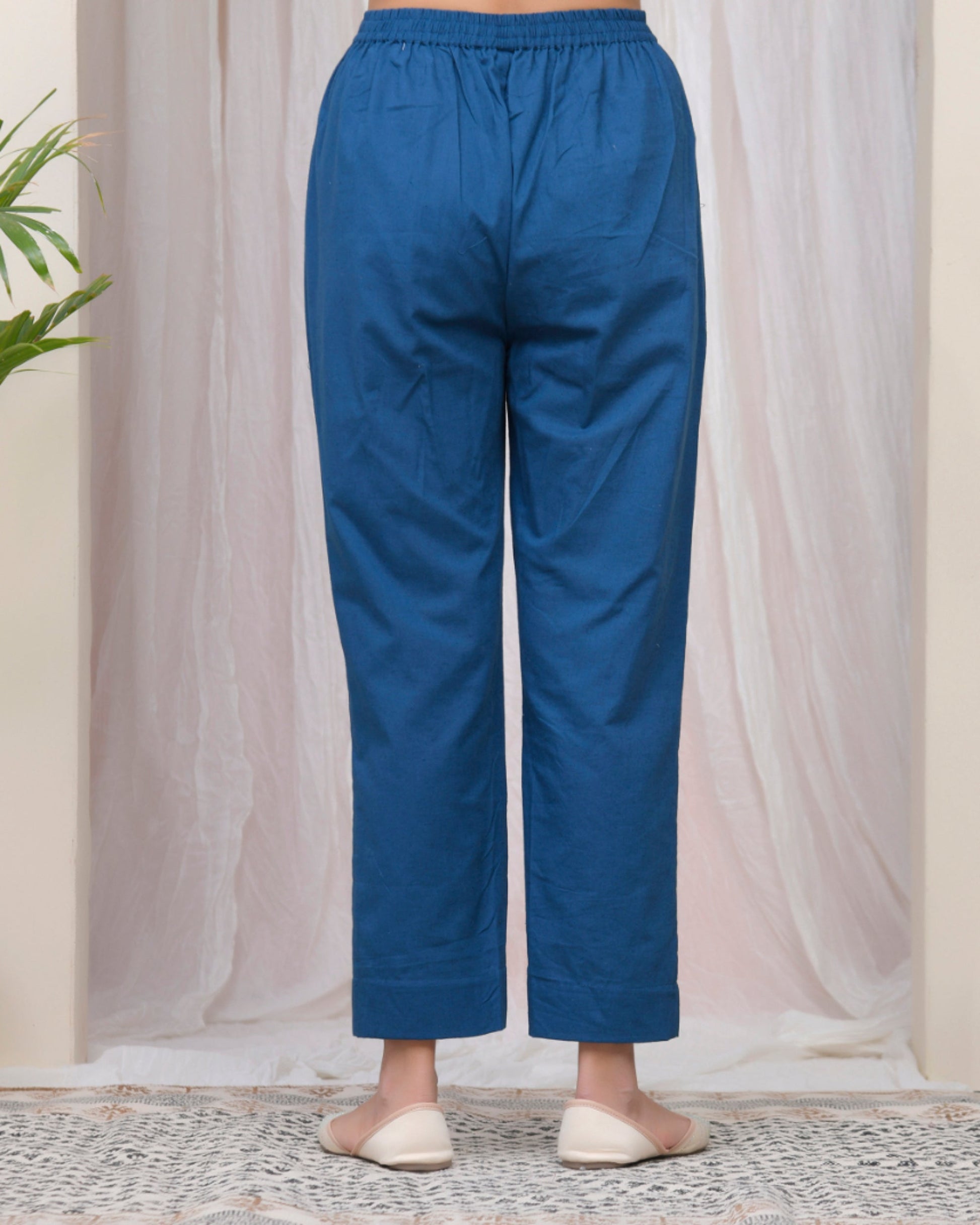 Vaasva Women Cobalt Blue Cotton Flax Solid Straight Pants 