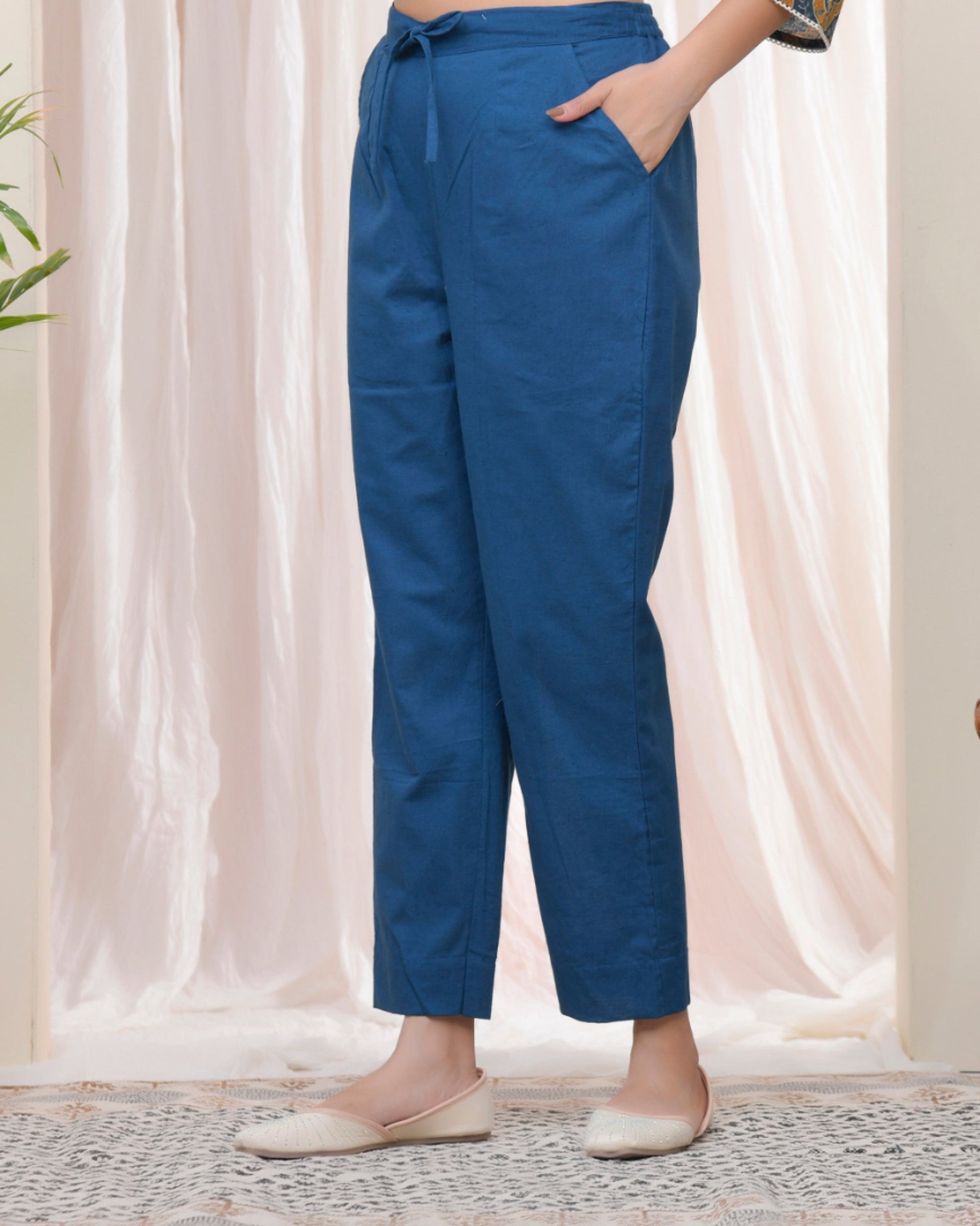 Vaasva Women Cobalt Blue Cotton Flax Solid Straight Pants 