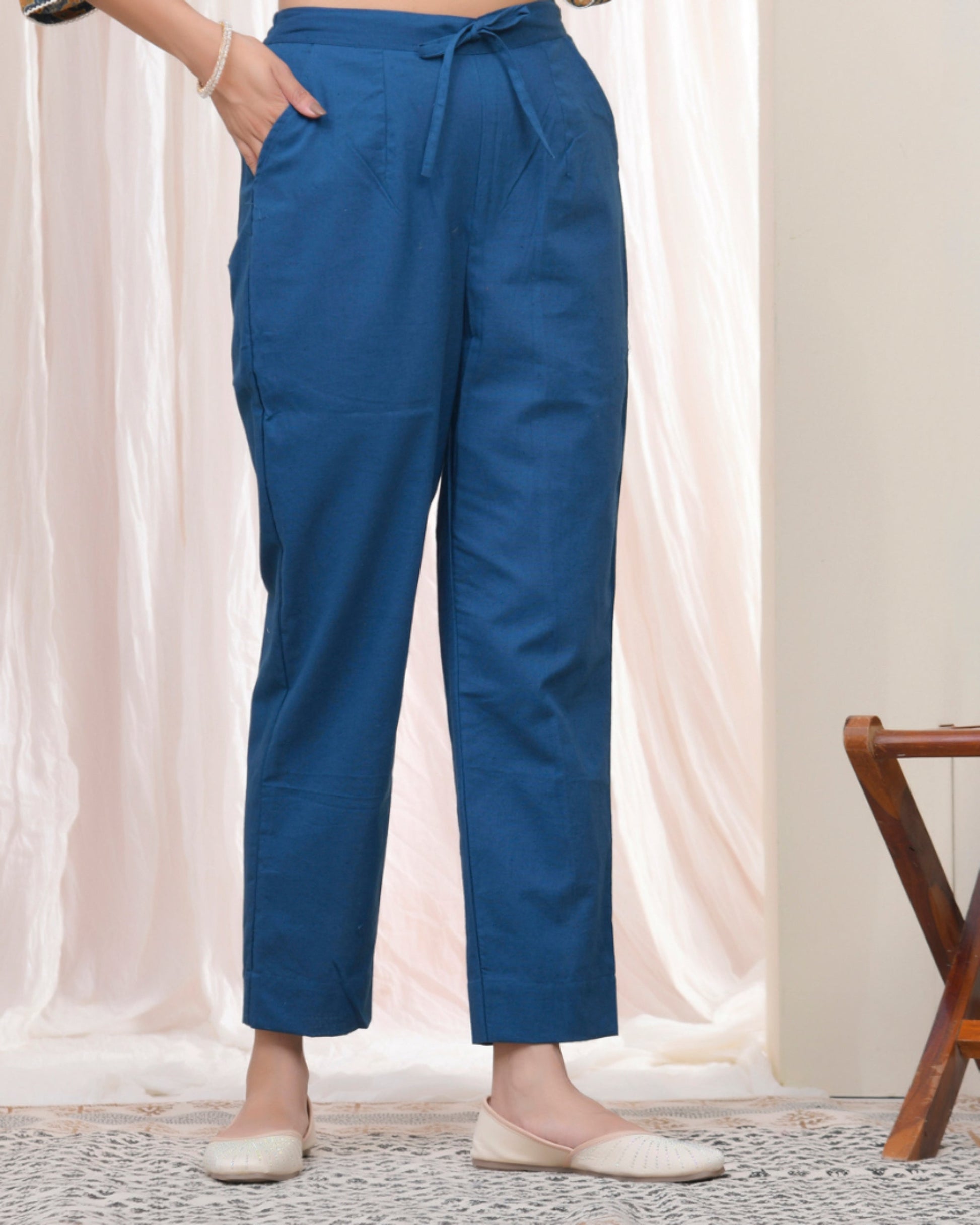 Vaasva Women Cobalt Blue Cotton Flax Solid Straight Pants 